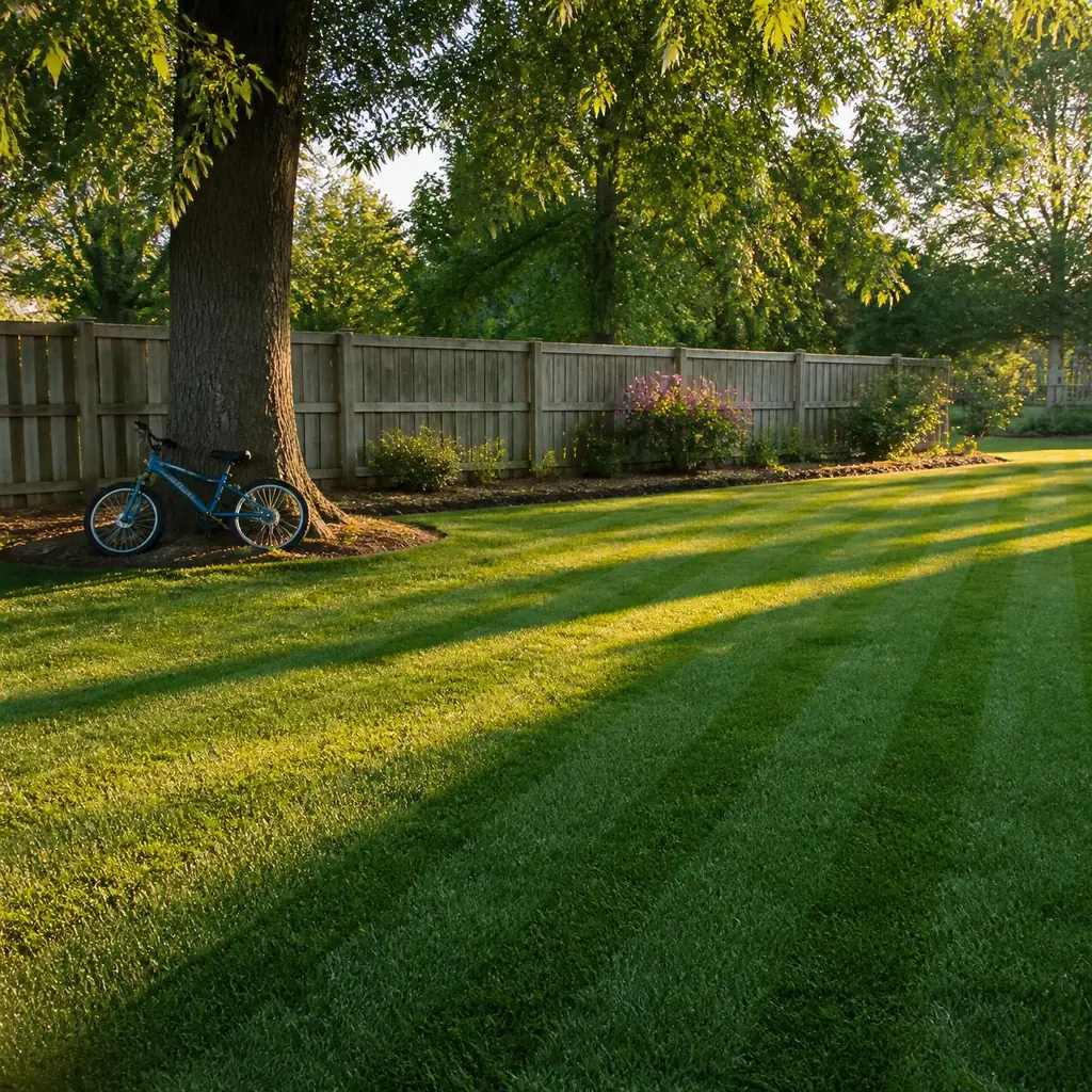 A pristine backyard lawn with crisp mowing stripes at golden hour in Greenville, SC
