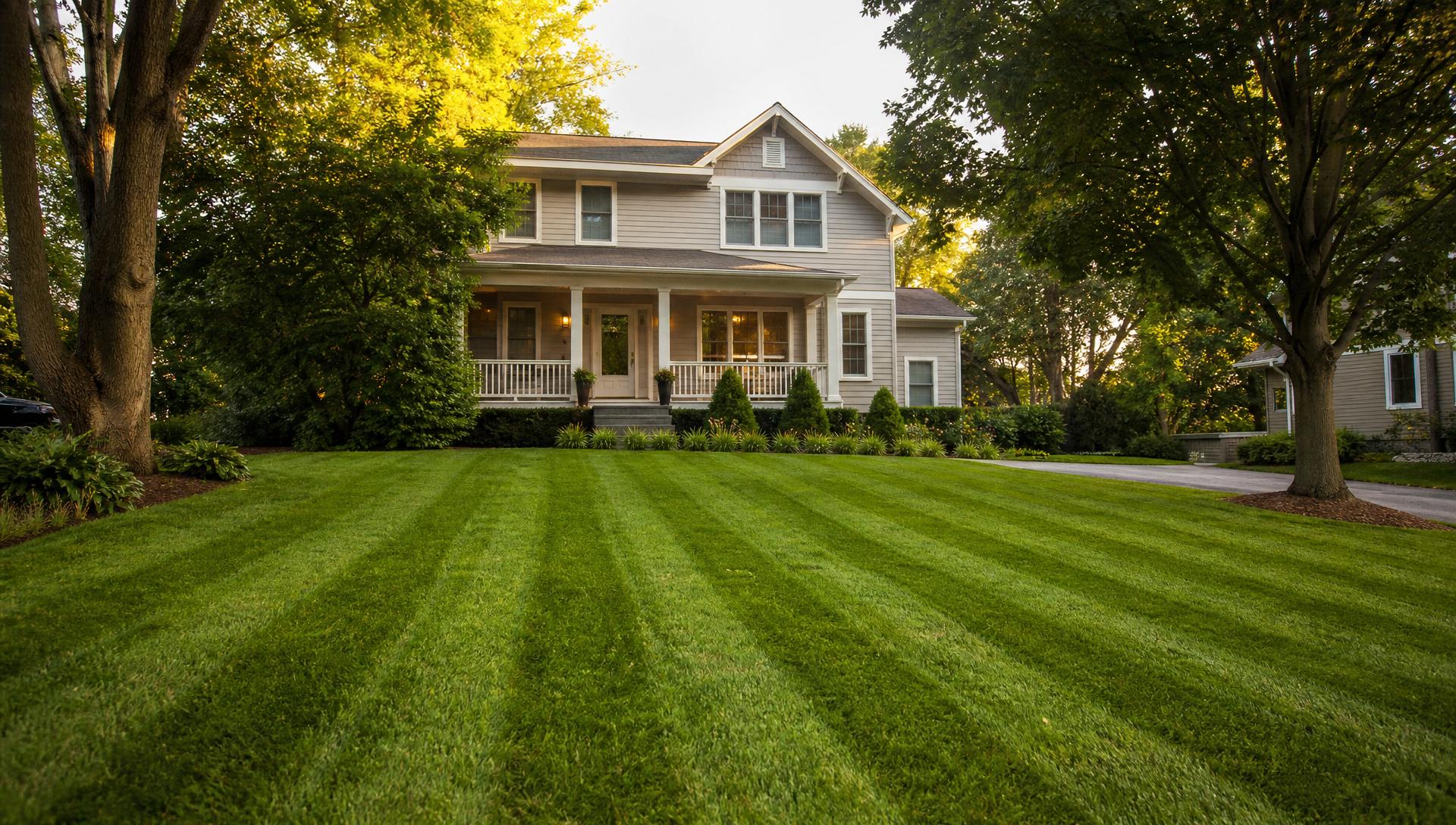 Freshly mowed suburban lawn in front of a craftsman-style home at golden hour